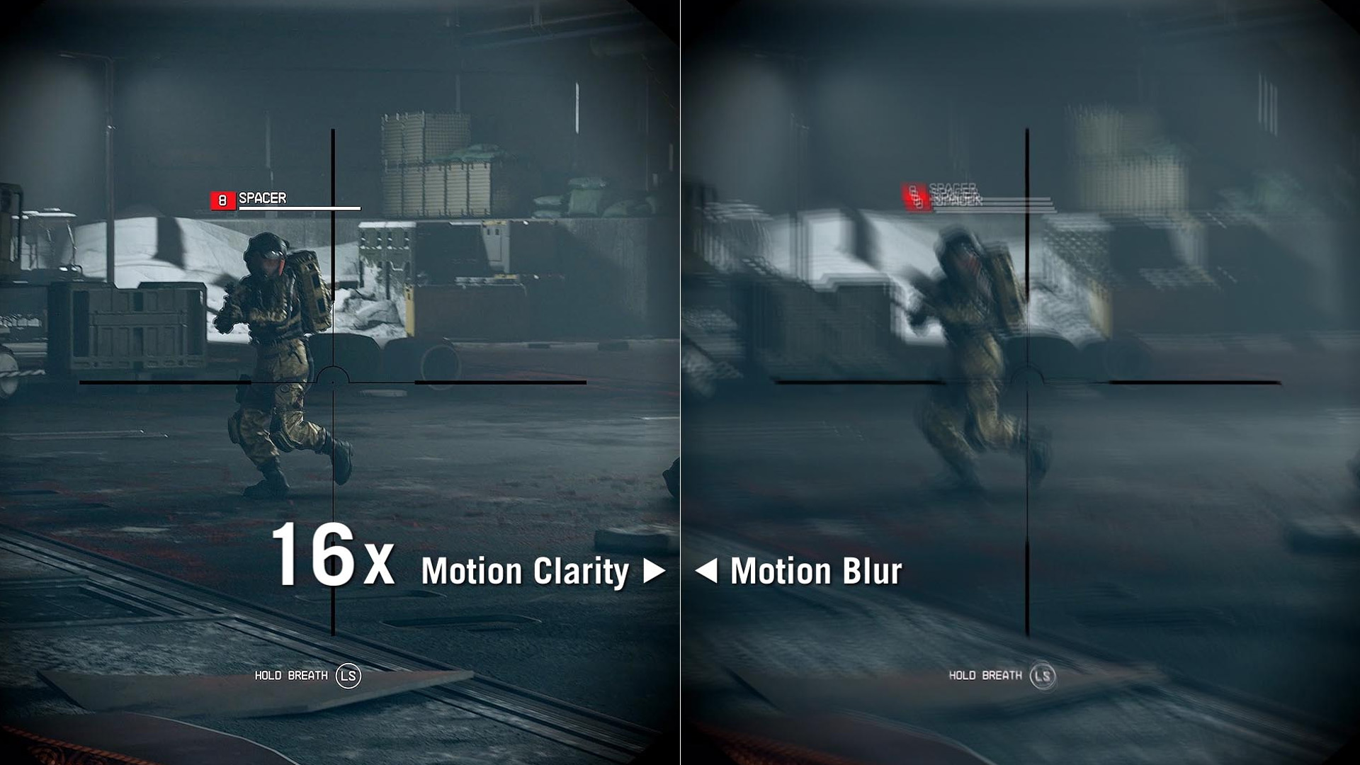 FPS game crosshair aiming at a soldier, comparing 16x motion clarity to motion blur.