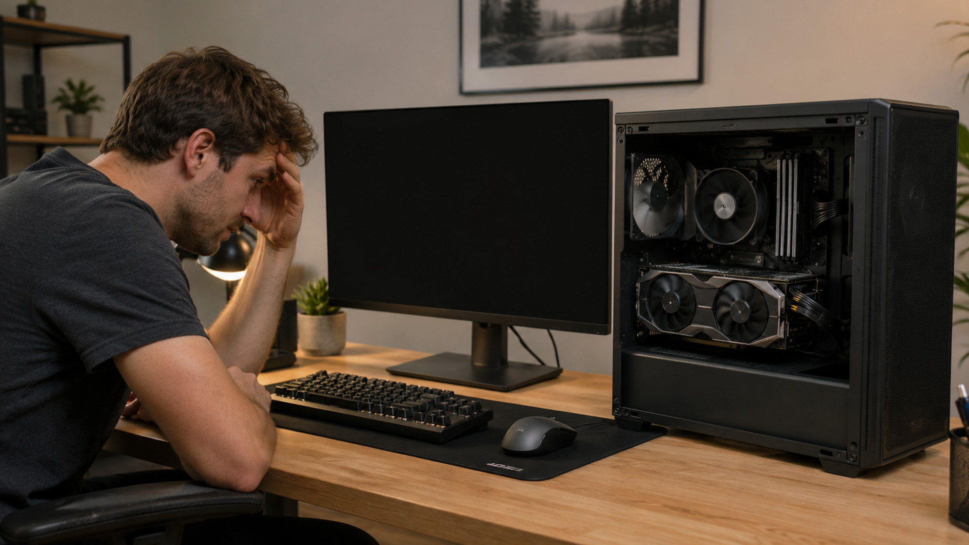 A frustrated man sitting at a desk with his hand on his head next to a blank monitor screen and PC tower.