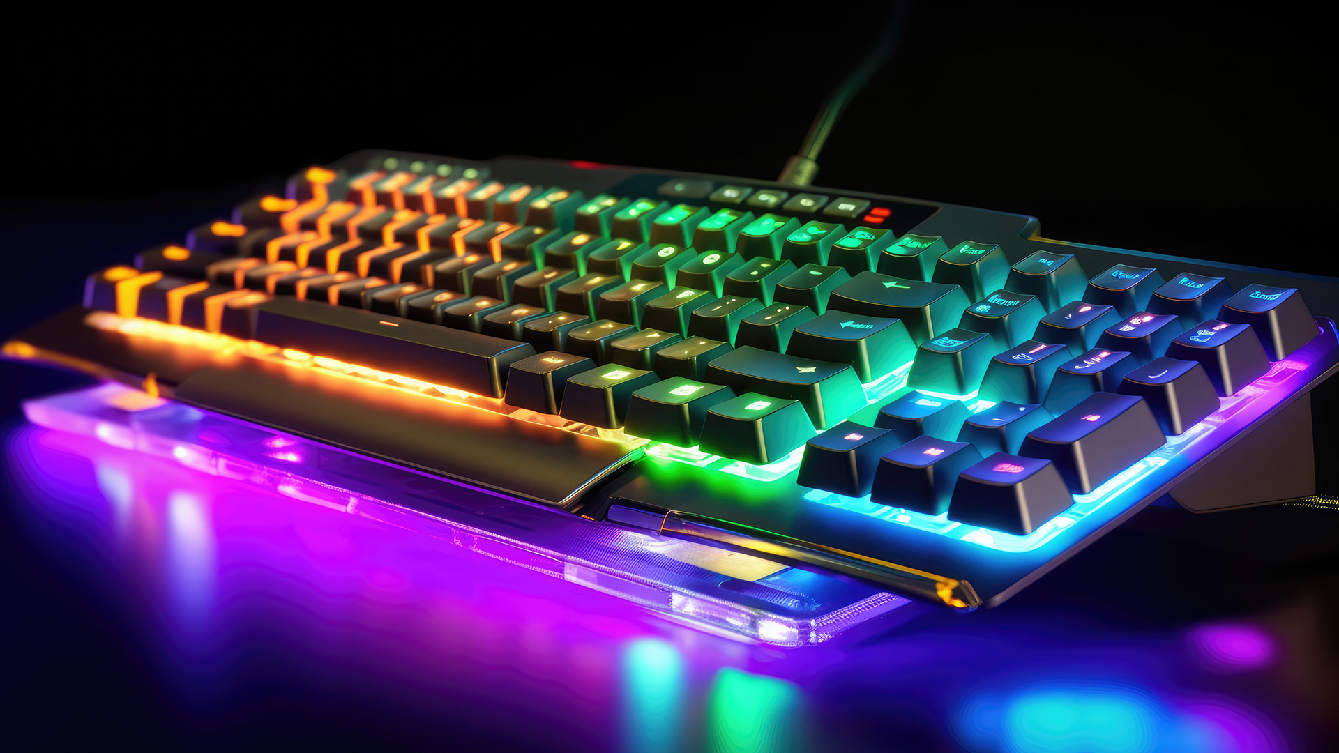 Full-size mechanical gaming keyboard with wrist rest and bright RGB lighting.