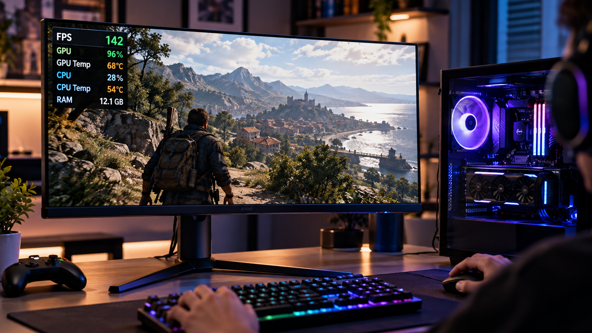 Wide monitor showing game scene with hardware performance stats overlay.