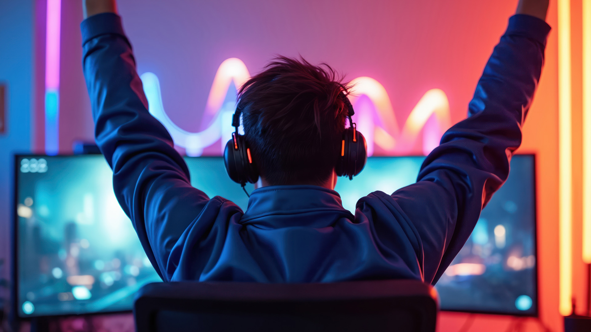 Gamer cheering with hands raised in front of a monitor setup with colorful RGB lighting.