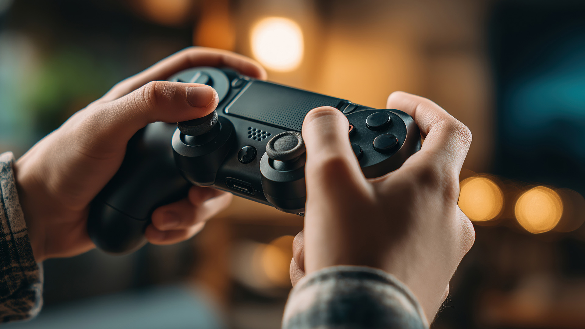 Close-up view of a gamer's hands holding a black controller while playing a game.