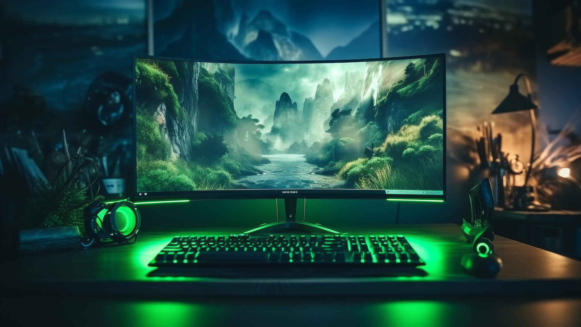A gamer immersed in a sci-fi video game on a bright computer display with colorful ambient lighting.