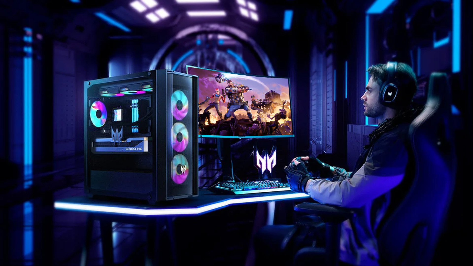 Gamer playing Fortnite on an Acer Predator gaming desktop setup.