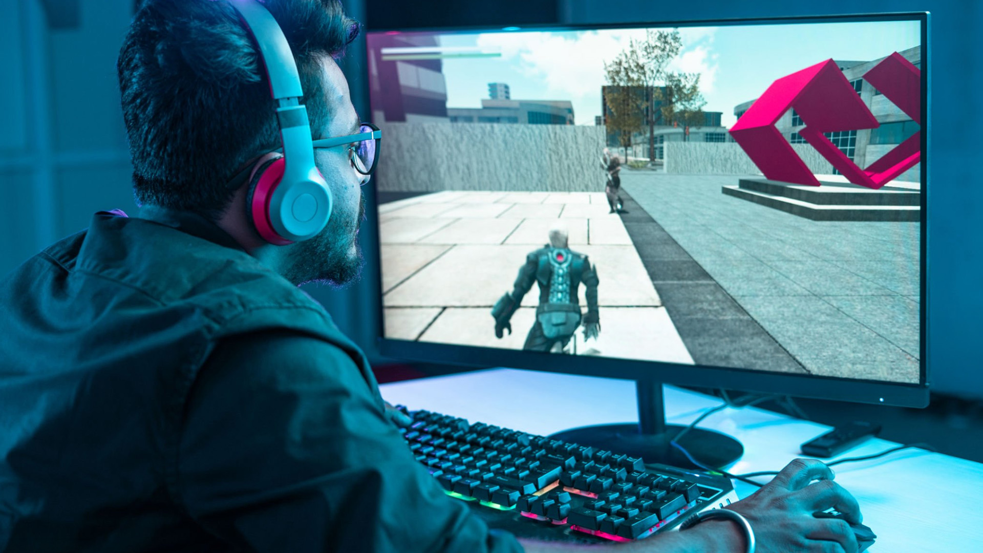 Gamer using a high-performance gaming monitor for FPS gameplay.
