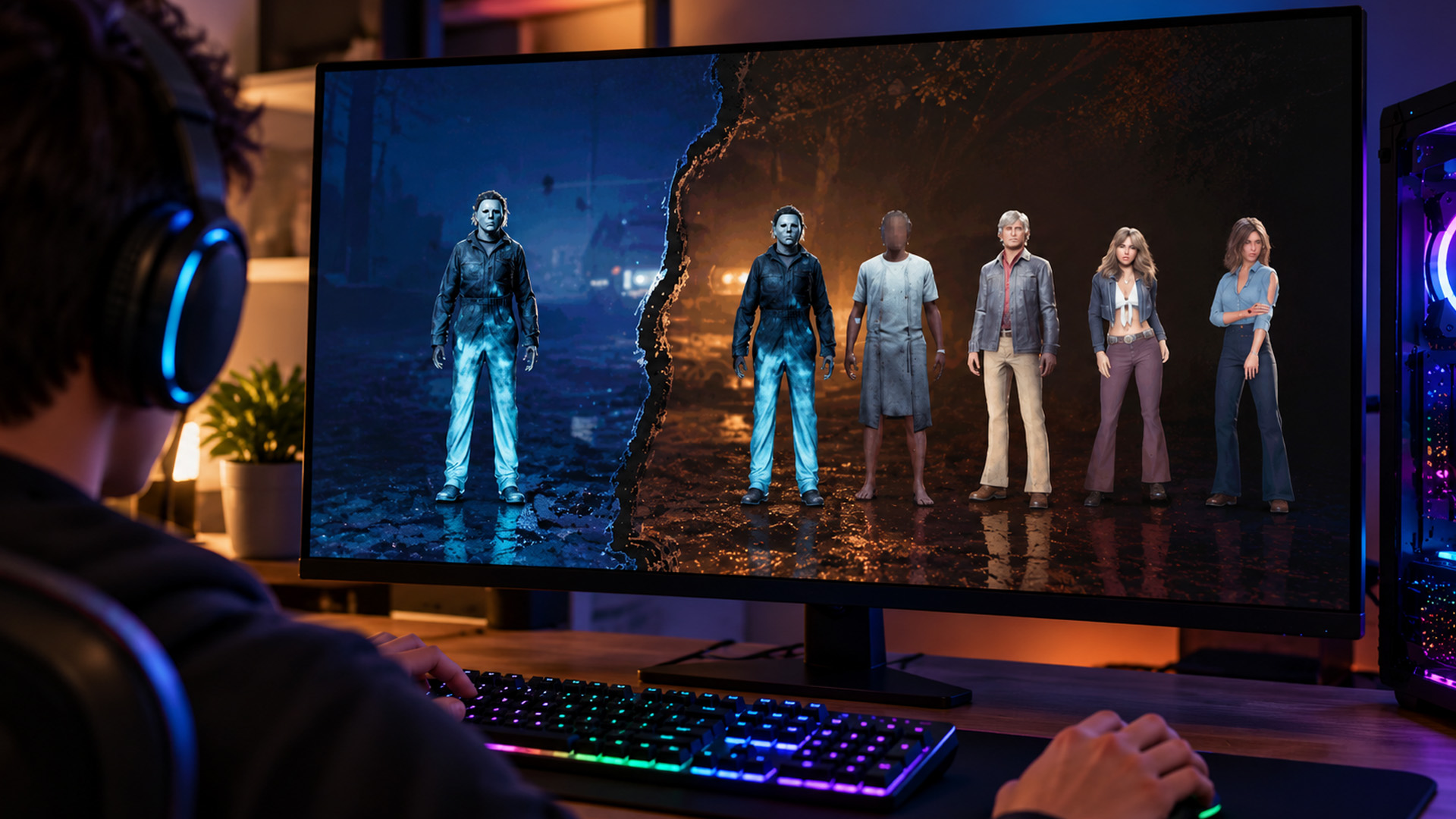 A gamer playing Halloween: The Game on a PC setup showing character selections.