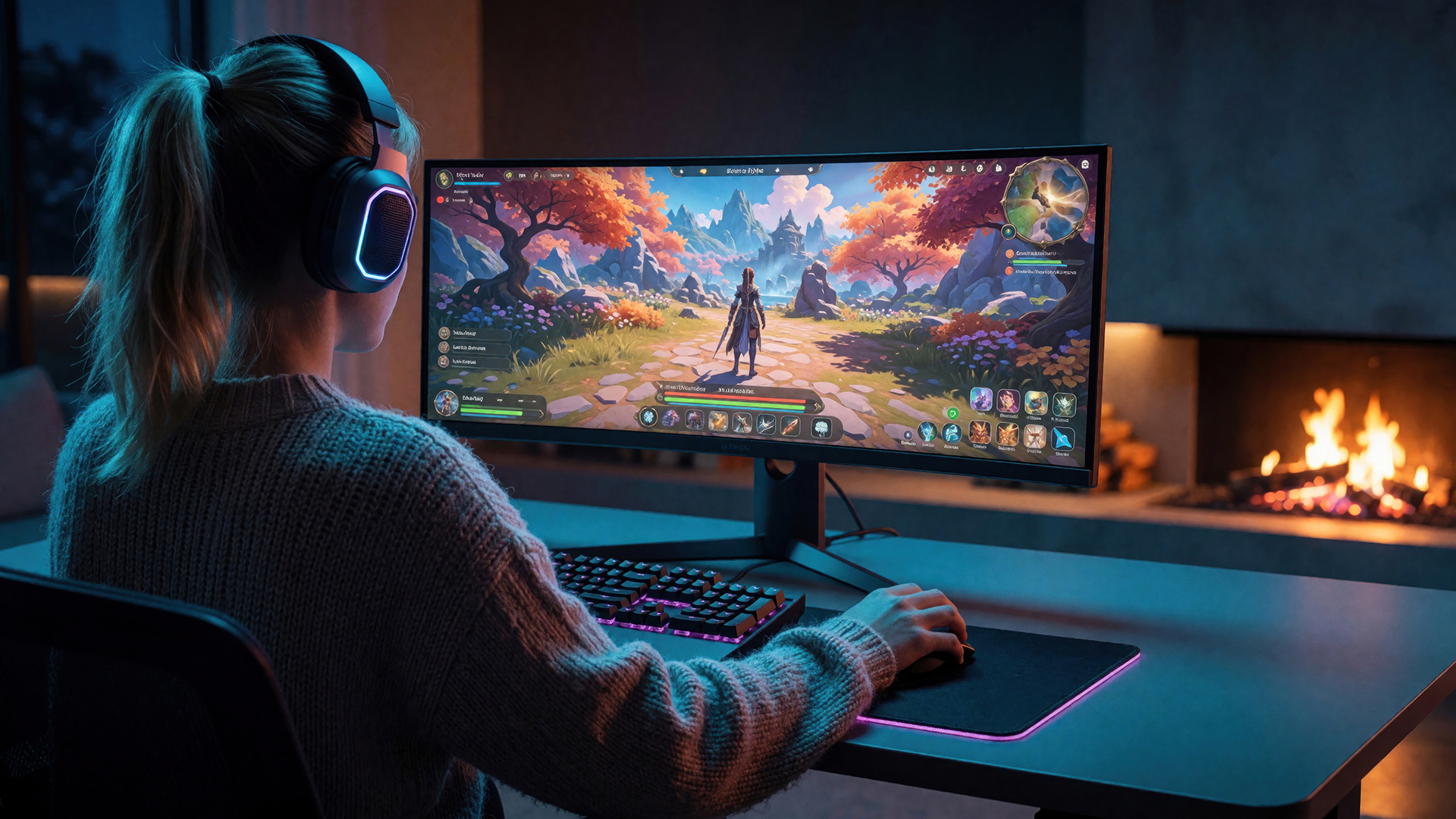 A gamer wearing a headset while playing an RPG on a widescreen monitor in a cozy room.