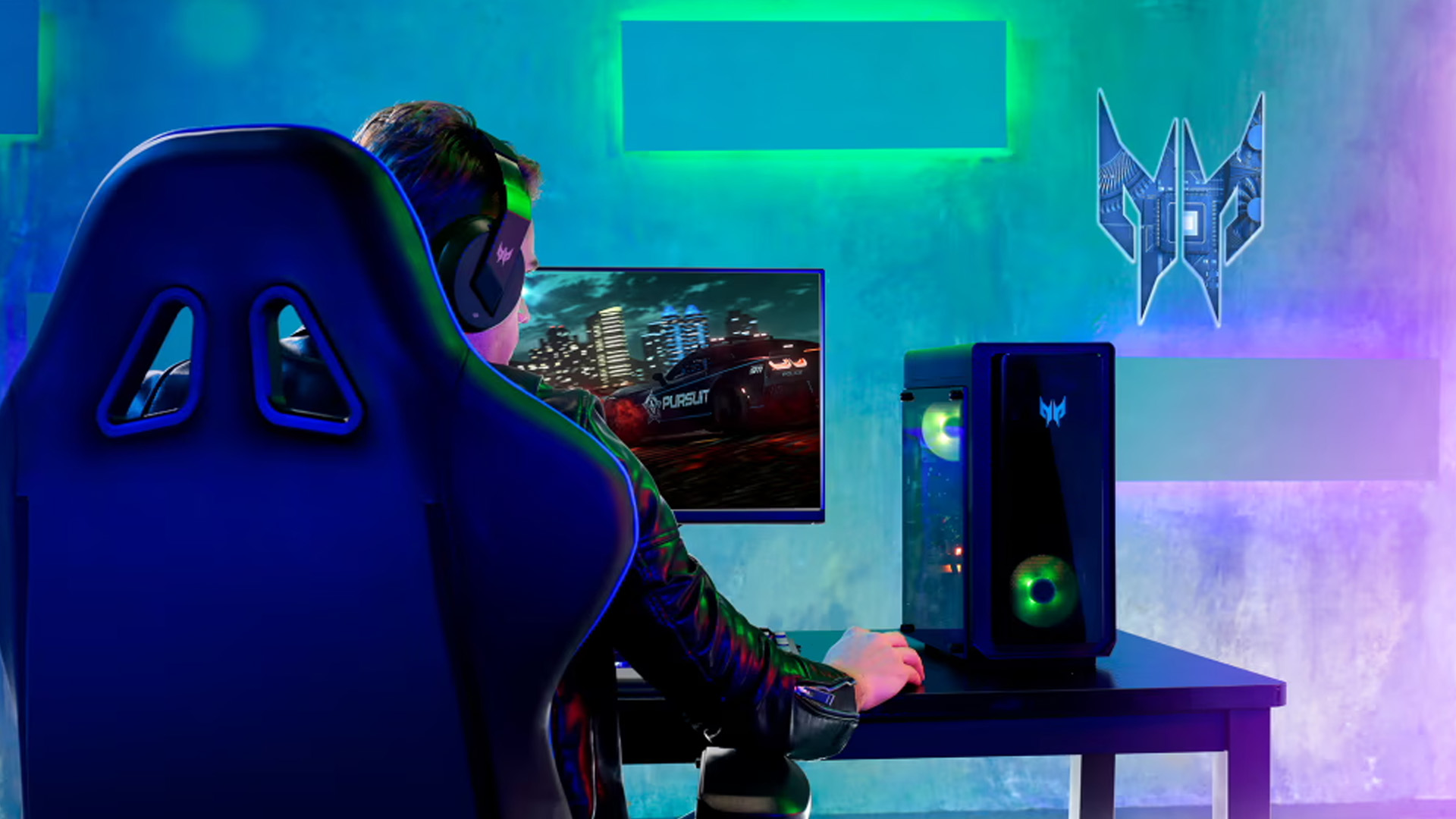 Gamer playing a racing game on an Acer gaming PC.