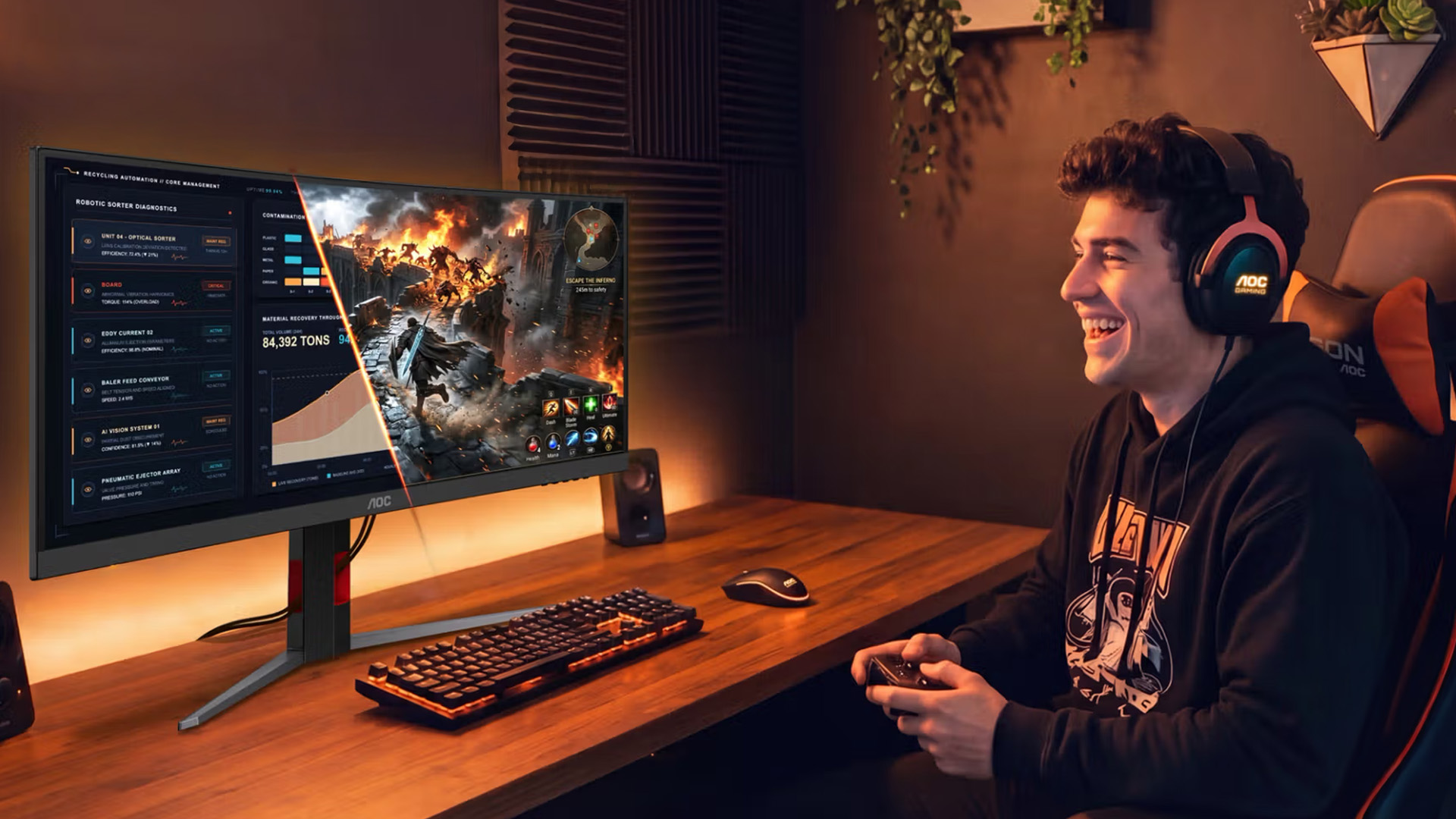 Gamer wearing a headset playing a game on an AOC monitor.
