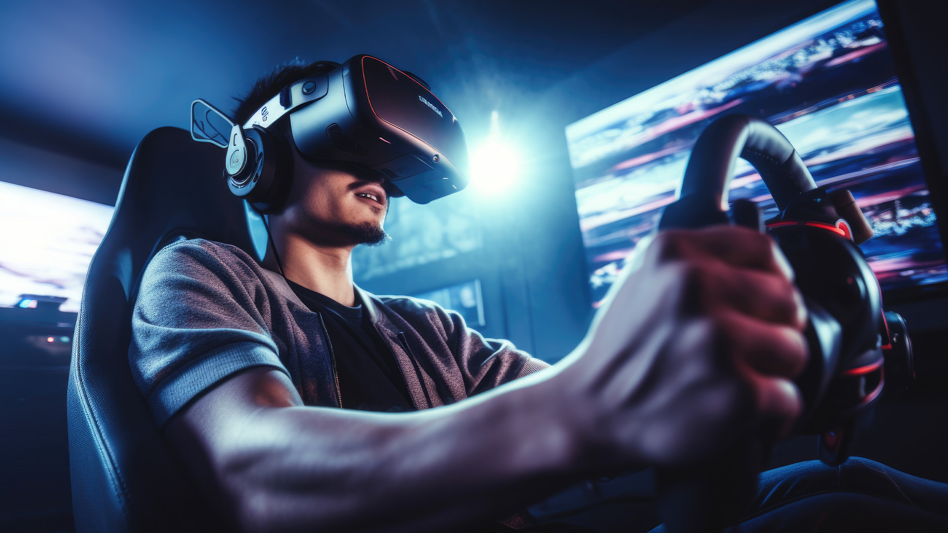 A gamer wearing a VR headset and headphones while steering in a racing simulator.