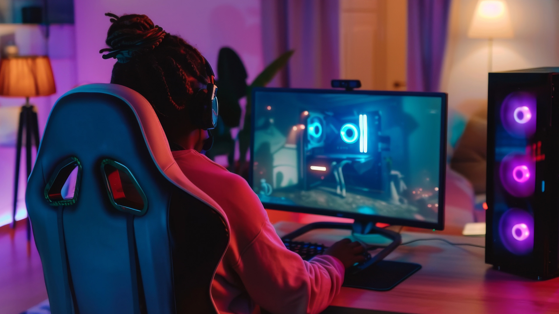 Gamer with headset using a 27-inch monitor in a home setup.