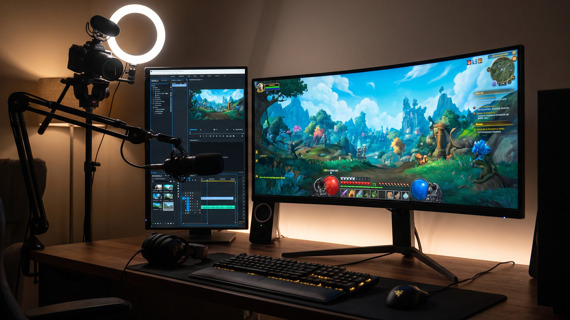 Streaming desk setup with a gaming monitor, vertical secondary screen, and microphone.