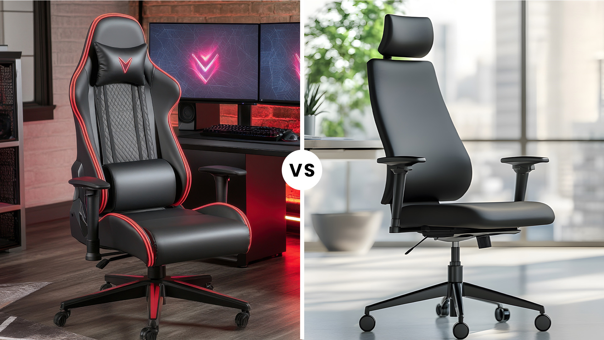 Side-by-side comparison of a black and red gaming chair versus a black office chair.