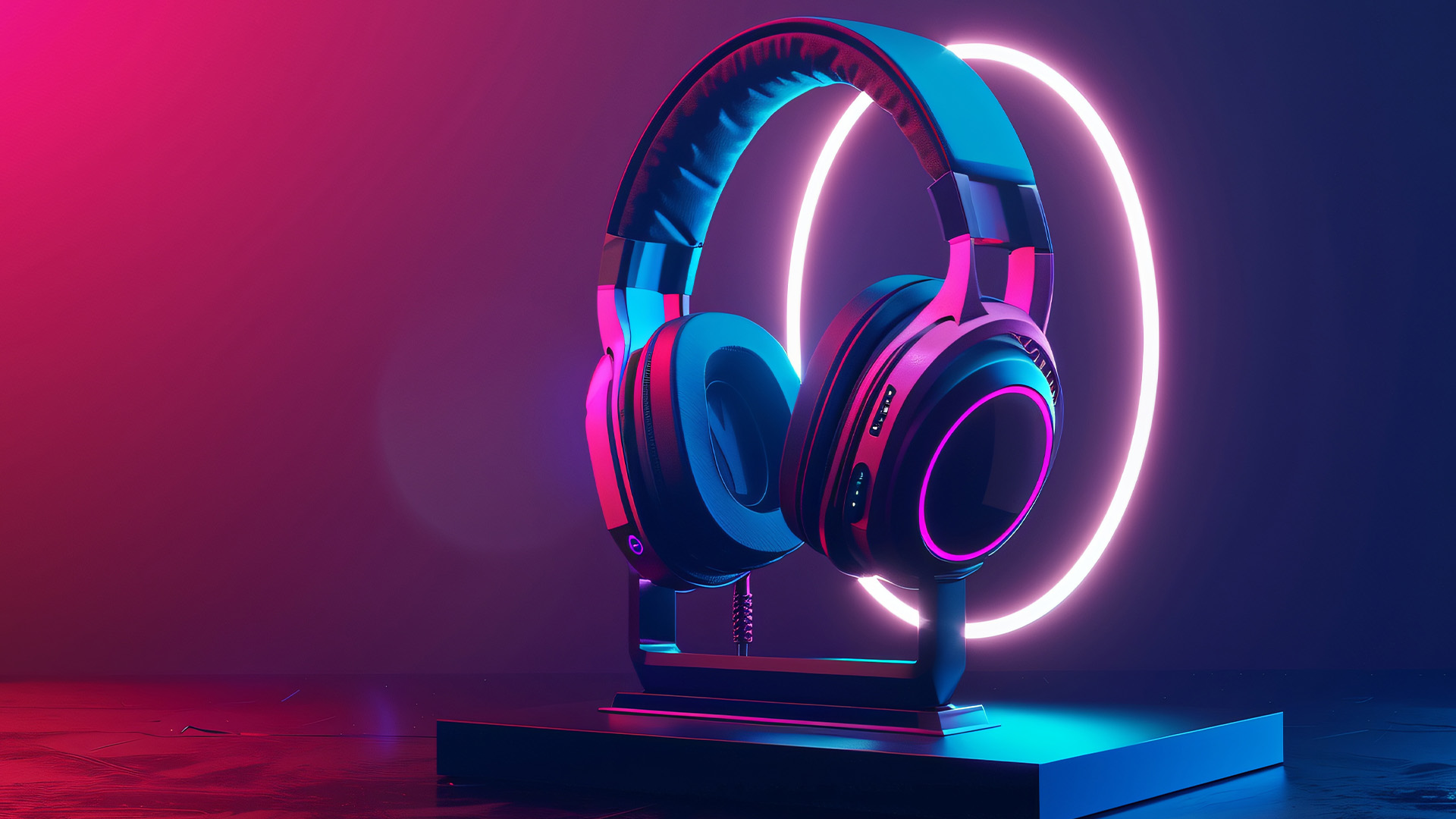 A wireless gaming headset on a stand illuminated by glowing neon circular lights.