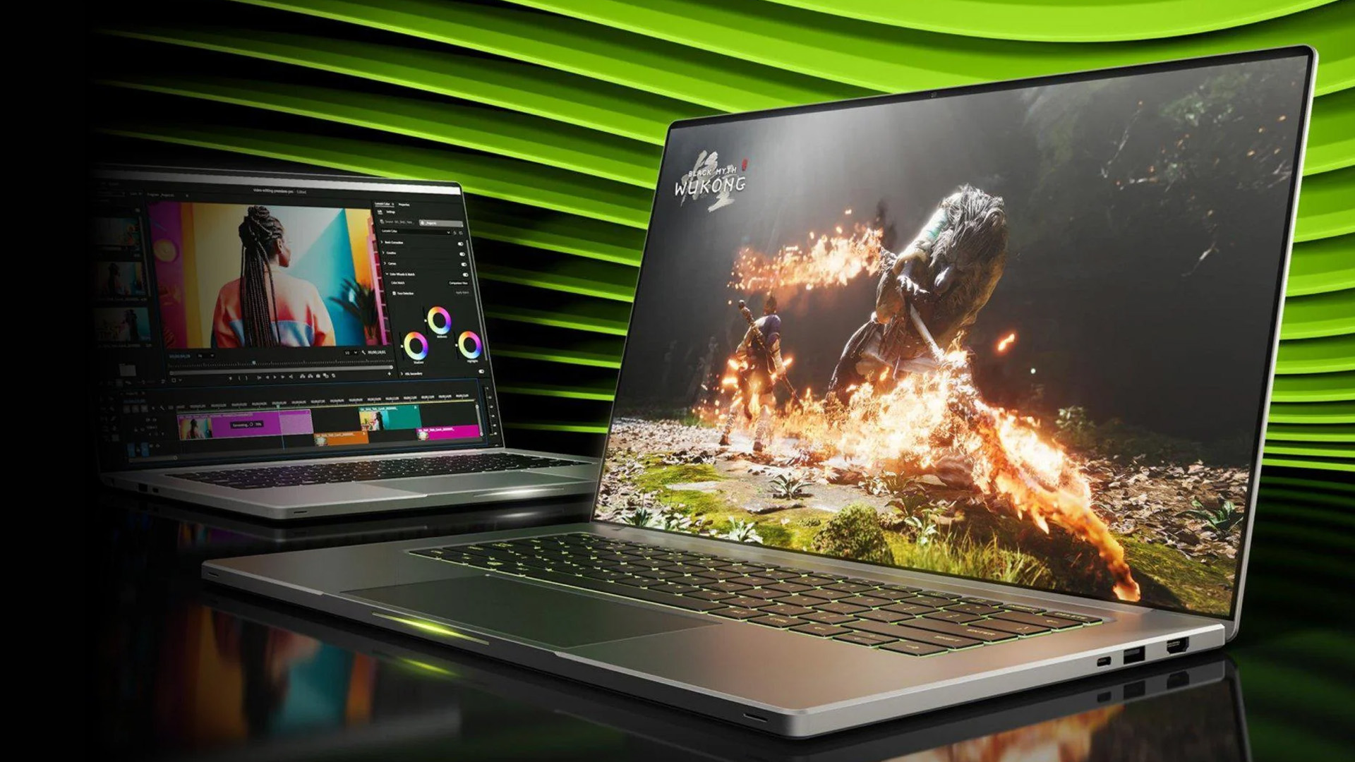A high-end gaming laptop displaying a dynamic action game scene on its screen.
