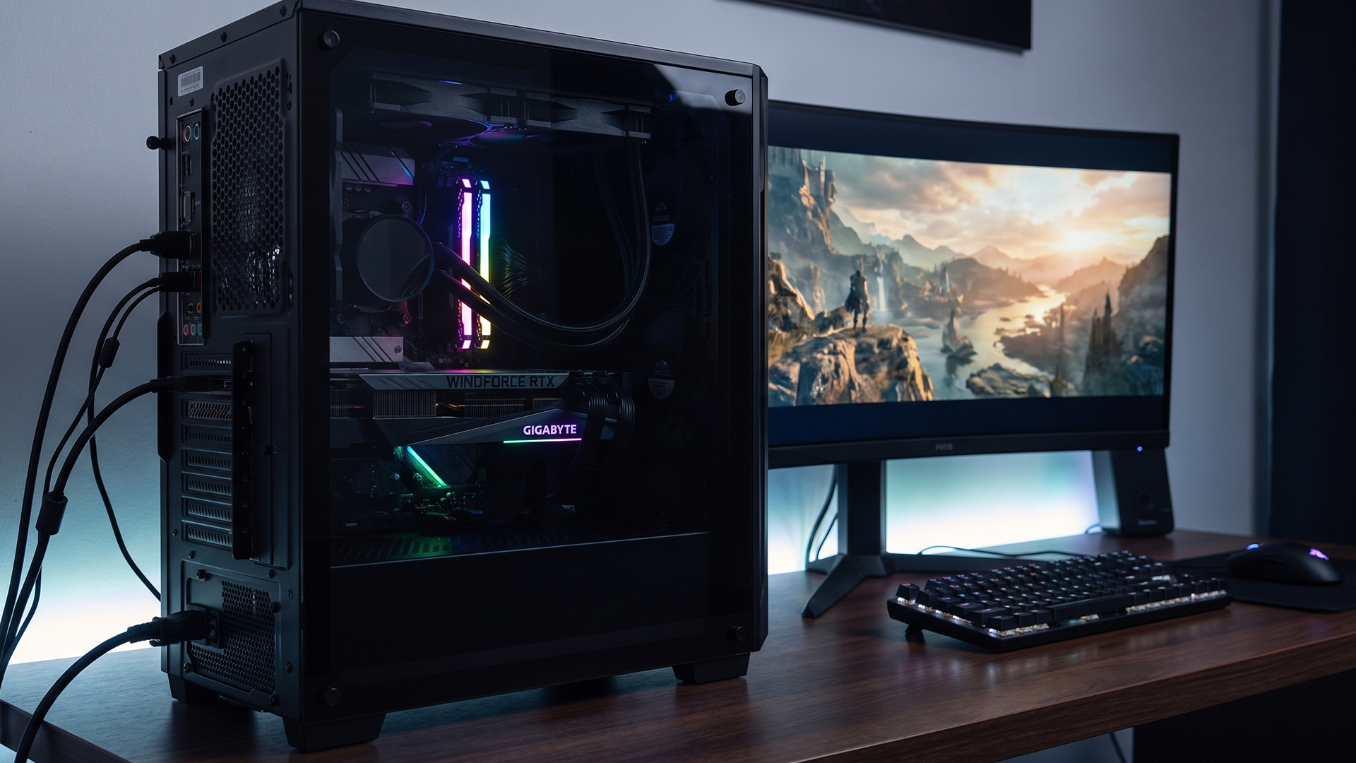 Gaming PC case with a Gigabyte WINDFORCE graphics card next to a monitor.