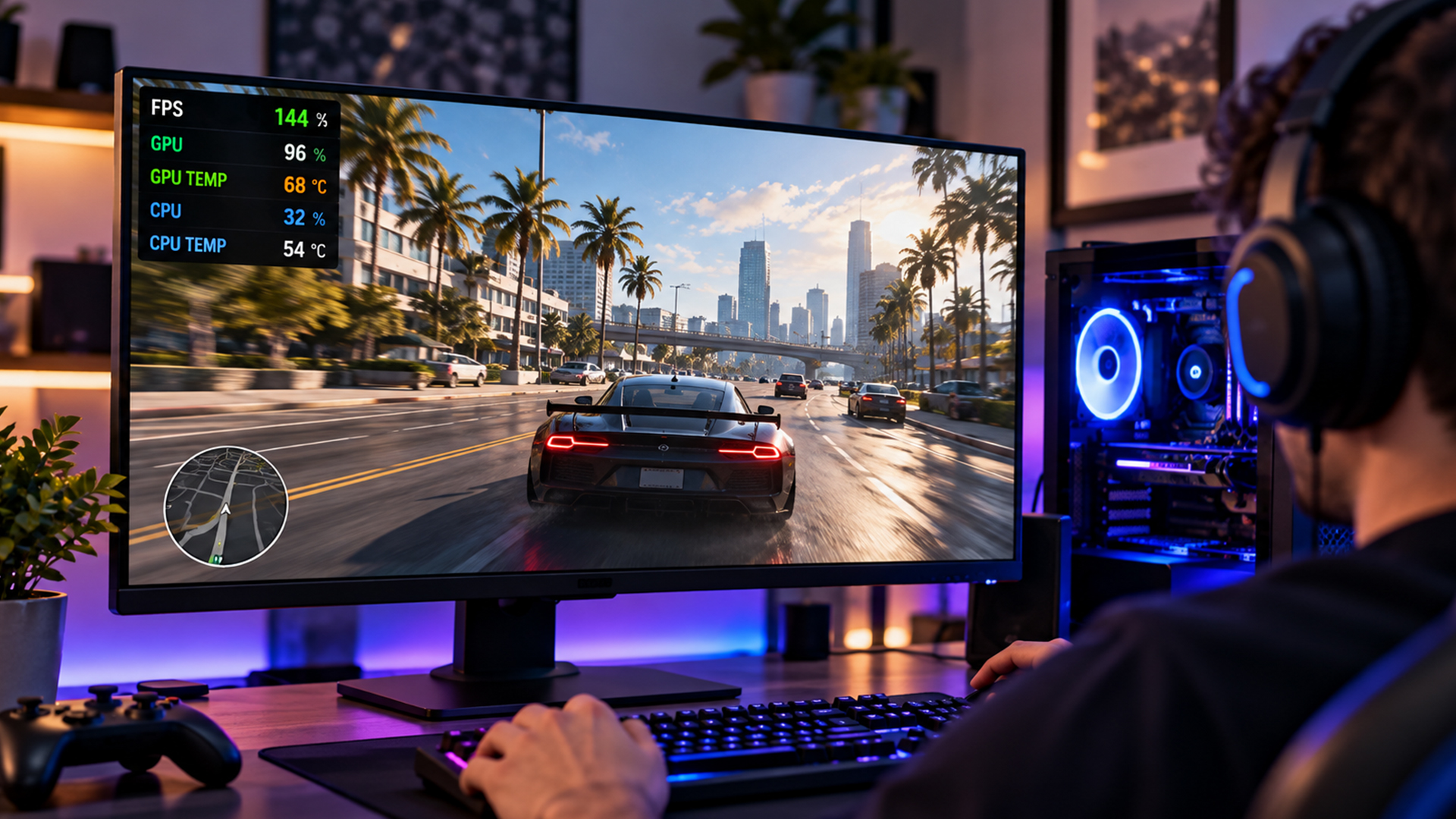 Gaming monitor displaying real time fps and gpu performance overlay.
