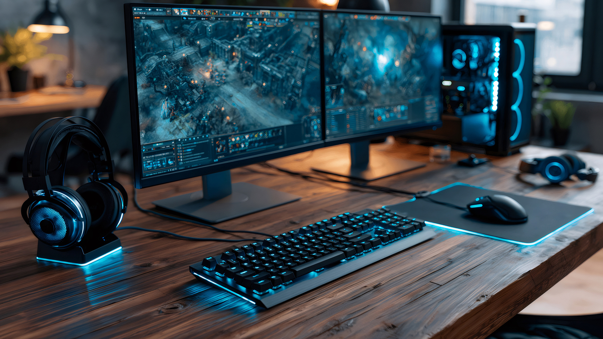 A gaming PC setup featuring dual monitors displaying a game, with blue RGB lighting.