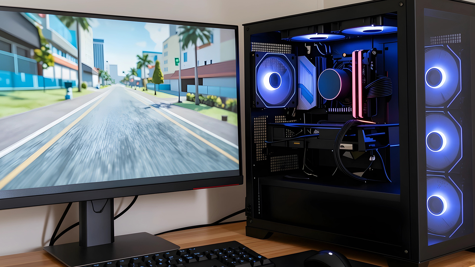 A modern gaming PC tower with blue LED fans placed beside a monitor displaying a bright city driving scene.