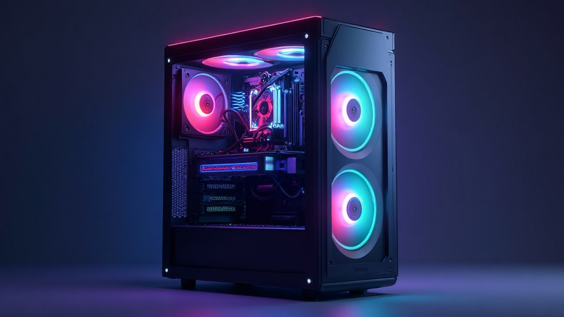 A black gaming PC tower featuring a glass panel and bright RGB cooling fans.