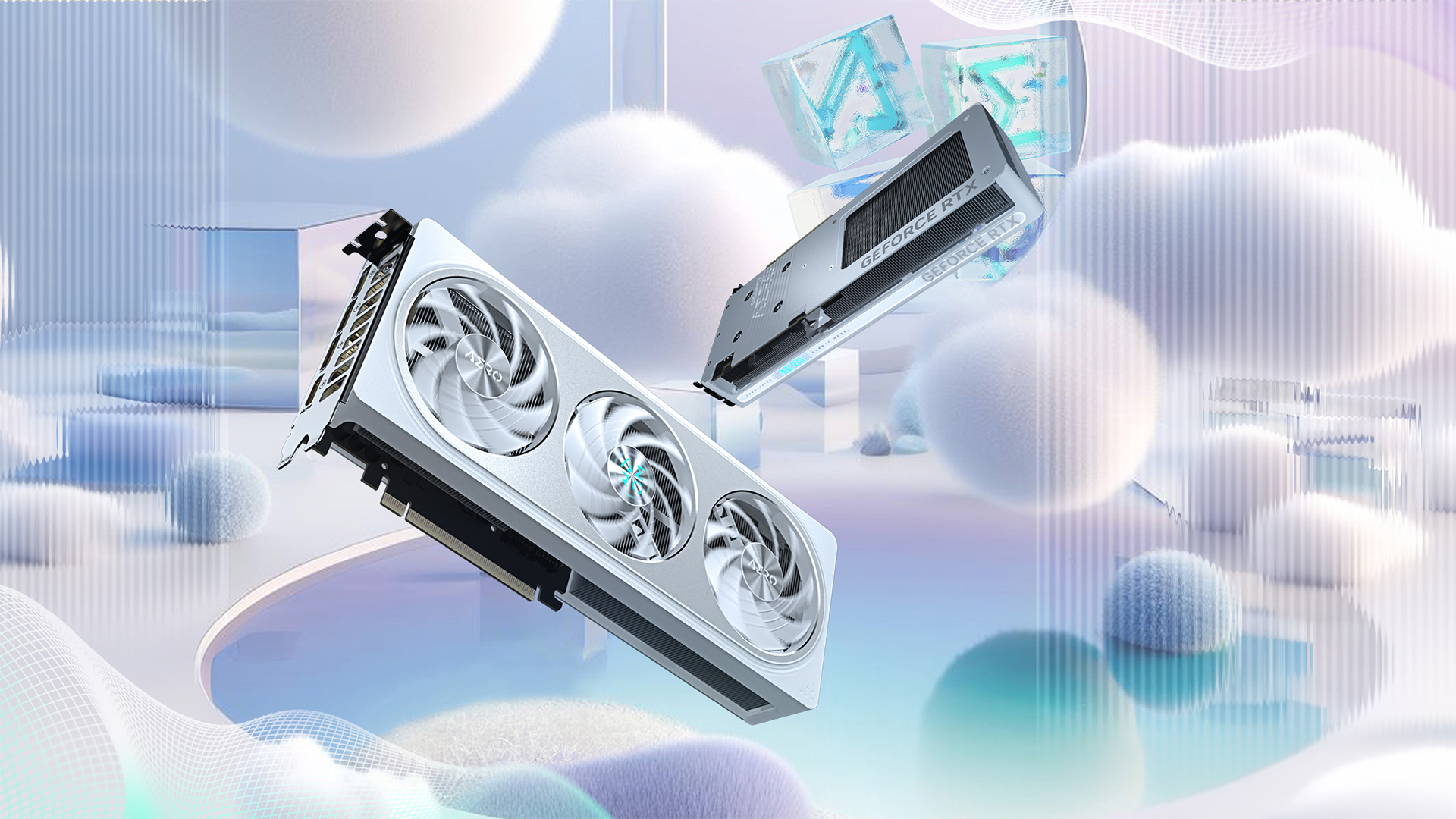 White Gigabyte AERO RTX 5060 graphics card floating.