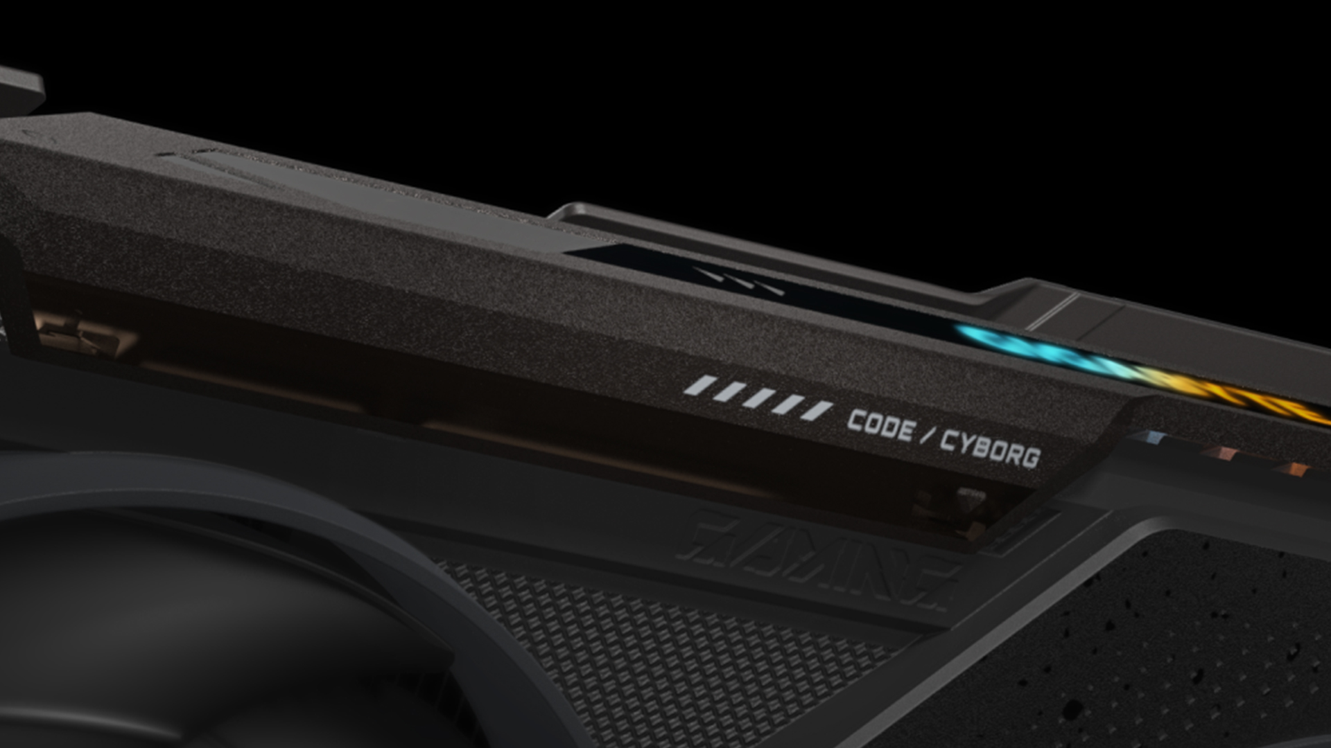 Close-up of Gigabyte RTX 5060 Code Cyborg text.