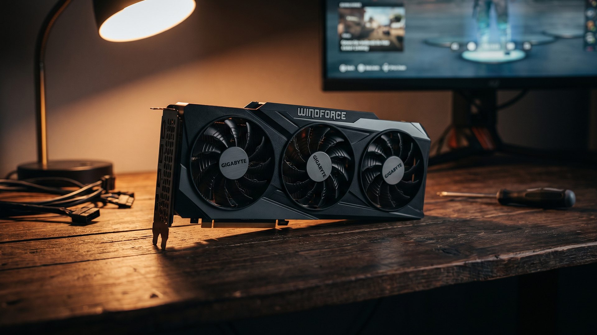 Triple-fan Gigabyte WINDFORCE graphics card sitting on a wooden desk.