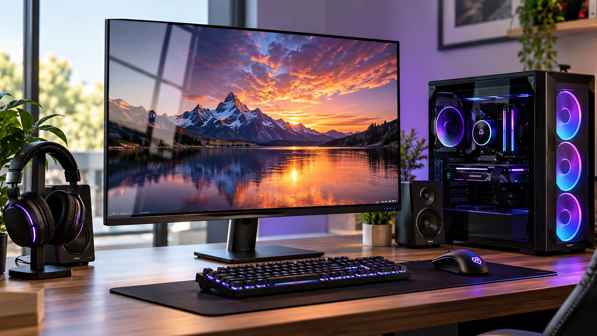 A glossy computer monitor displaying a scenic mountain wallpaper.