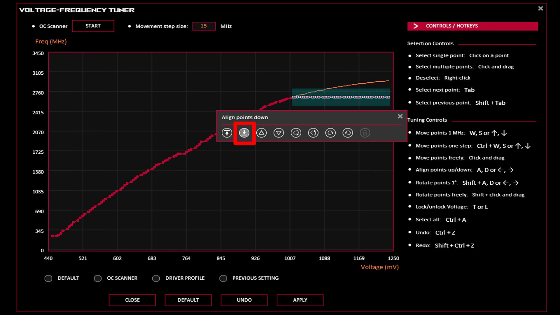 Voltage frequency curve editor graph displaying operating points.