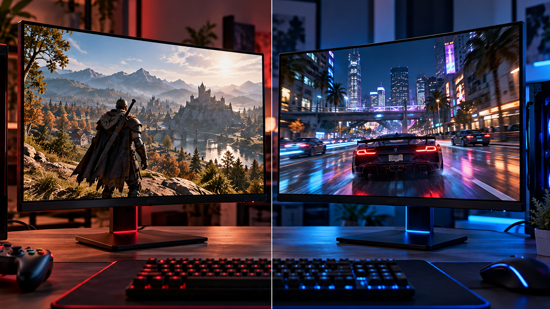 Side-by-side monitors showing game visuals running on different graphics APIs.