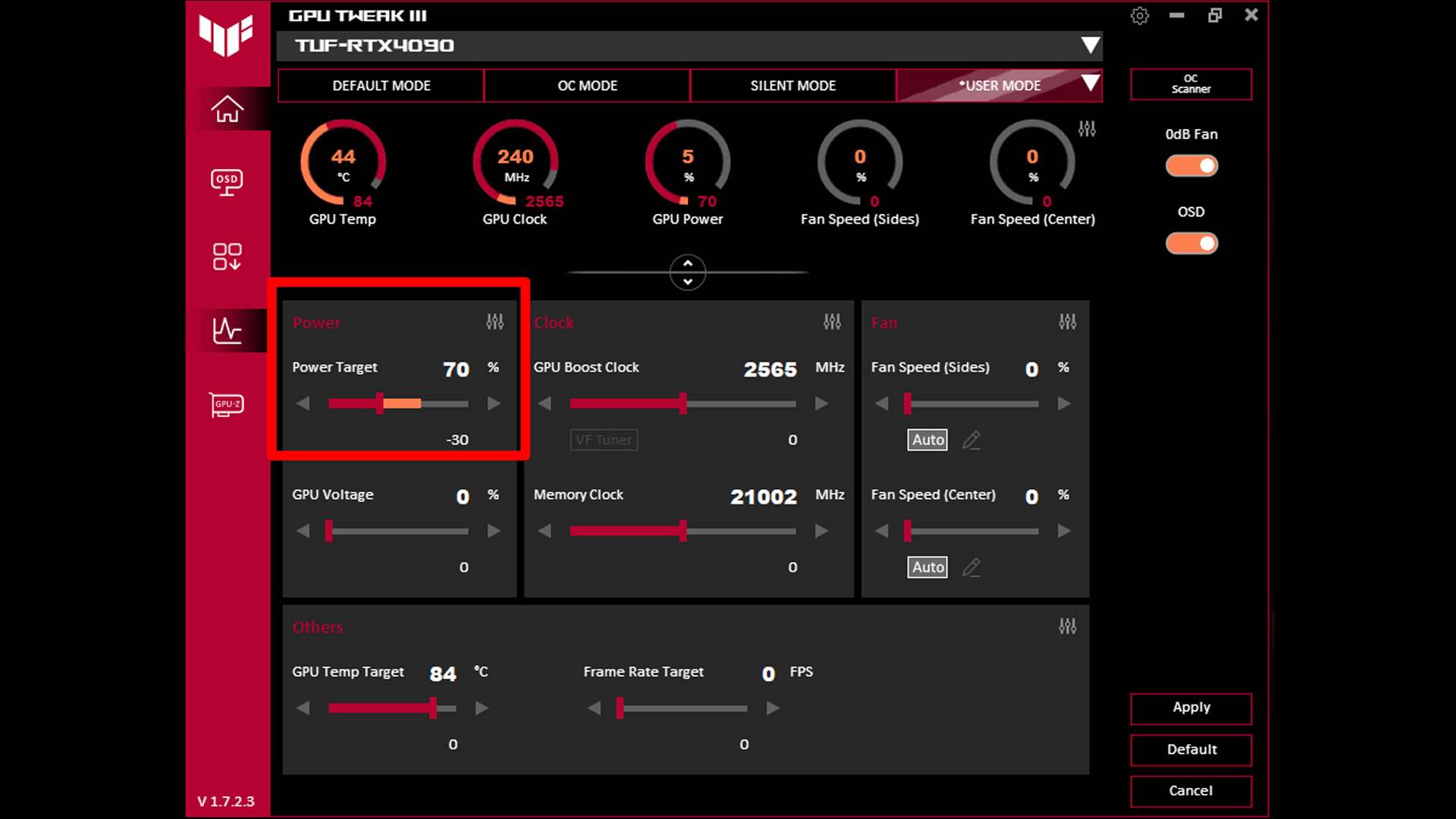 Software settings panel highlighting power target adjustments for graphics cards.