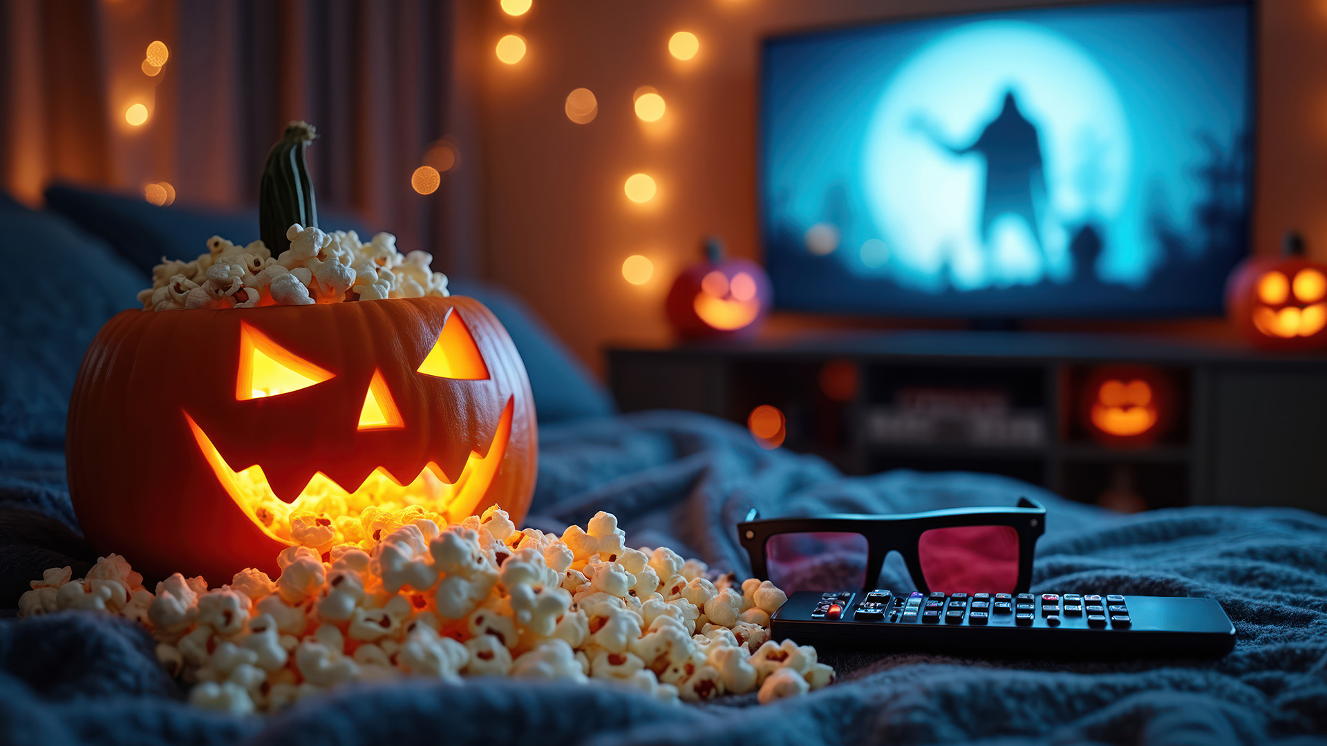 A cosy Halloween movie night setup featuring popcorn, a glowing pumpkin, and a horror film playing on TV.