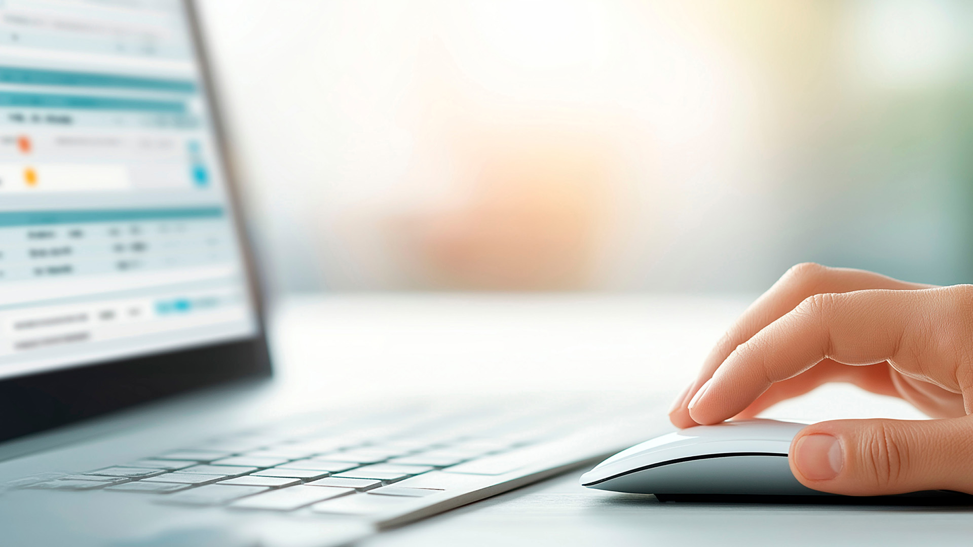 Hand operating a white computer mouse next to a laptop keyboard.
