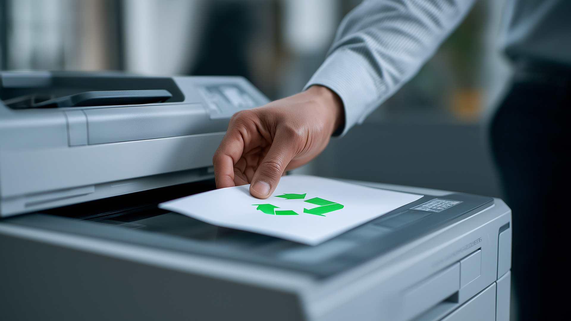Close-up of a hand placing a sheet with a recycling logo onto a printer.