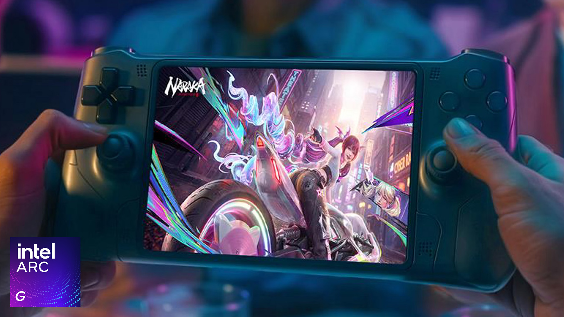 Handheld gaming PC powered by Intel Arc G showing action gameplay.