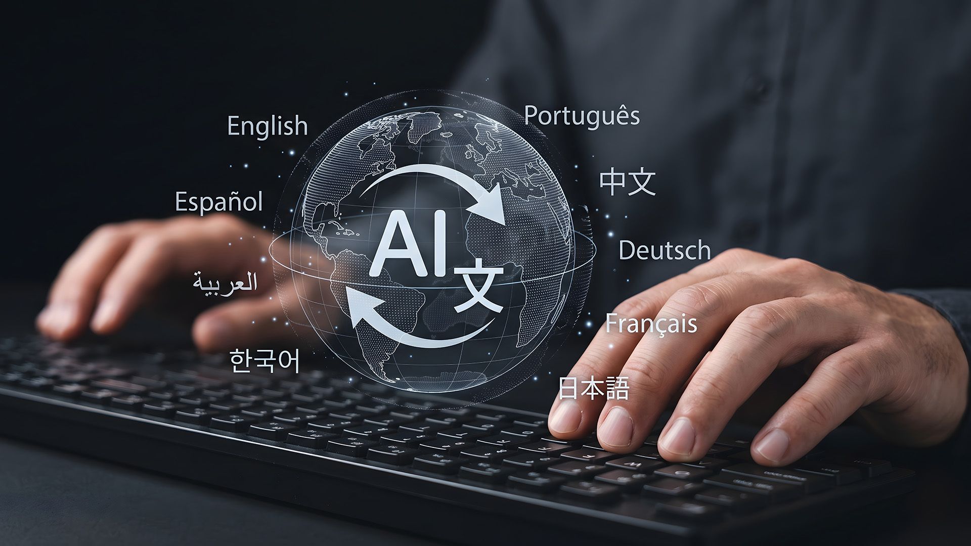Hands typing on a keyboard with a glowing AI language translation globe overlay.