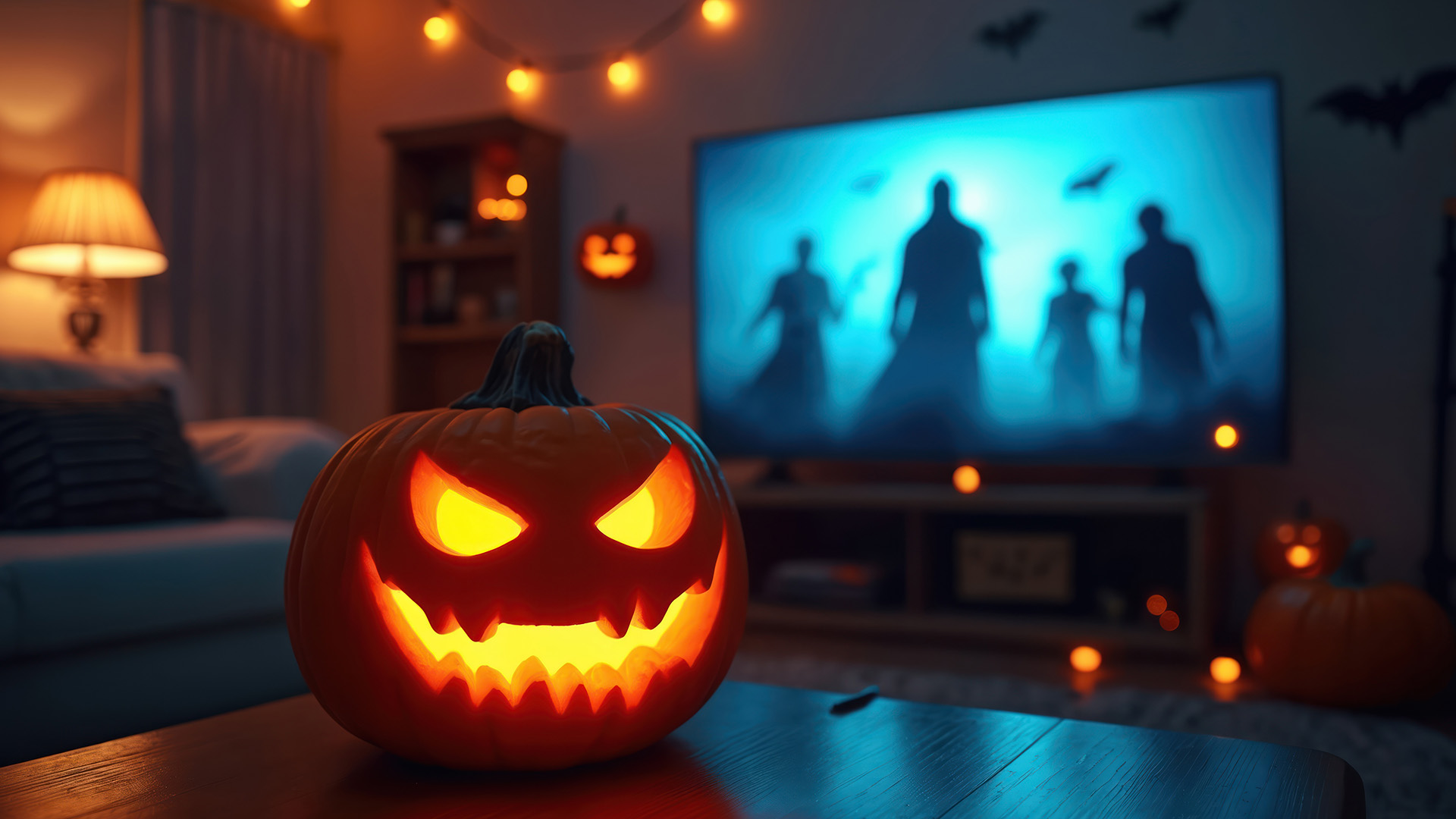 A living room transformed into a haunted cinema with glowing carved pumpkins, fairy lights, and a horror movie.