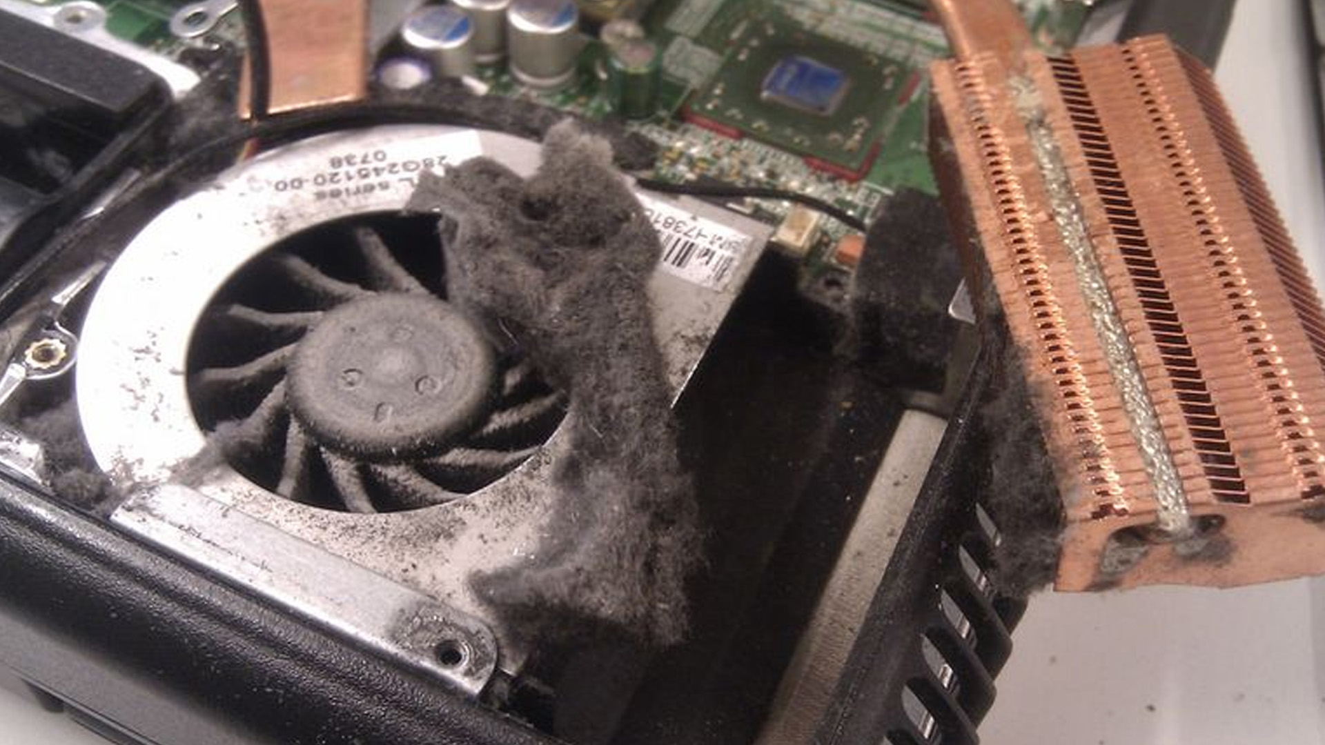 Thick dust clogging a laptop cooling fan and copper heatsink.