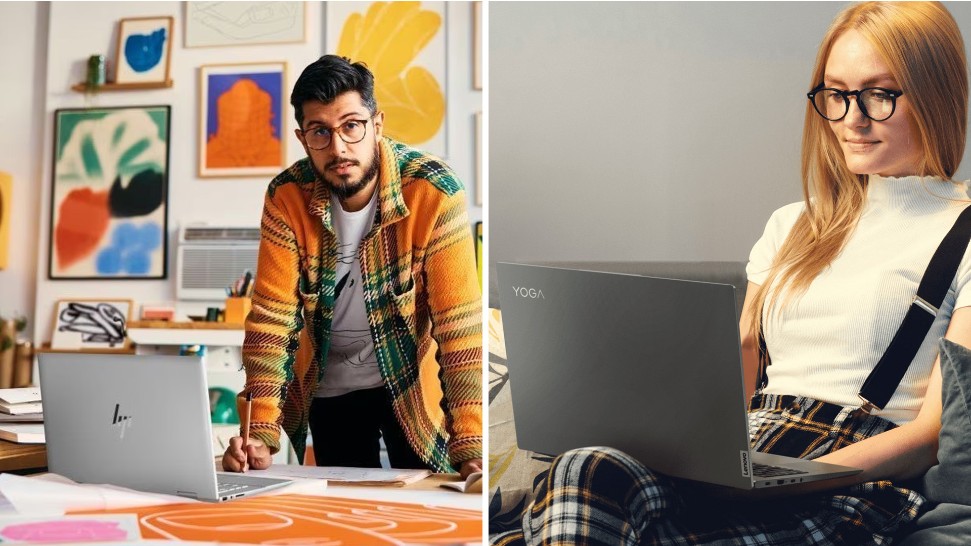 Split view showing users with an HP laptop and a Lenovo Yoga laptop.