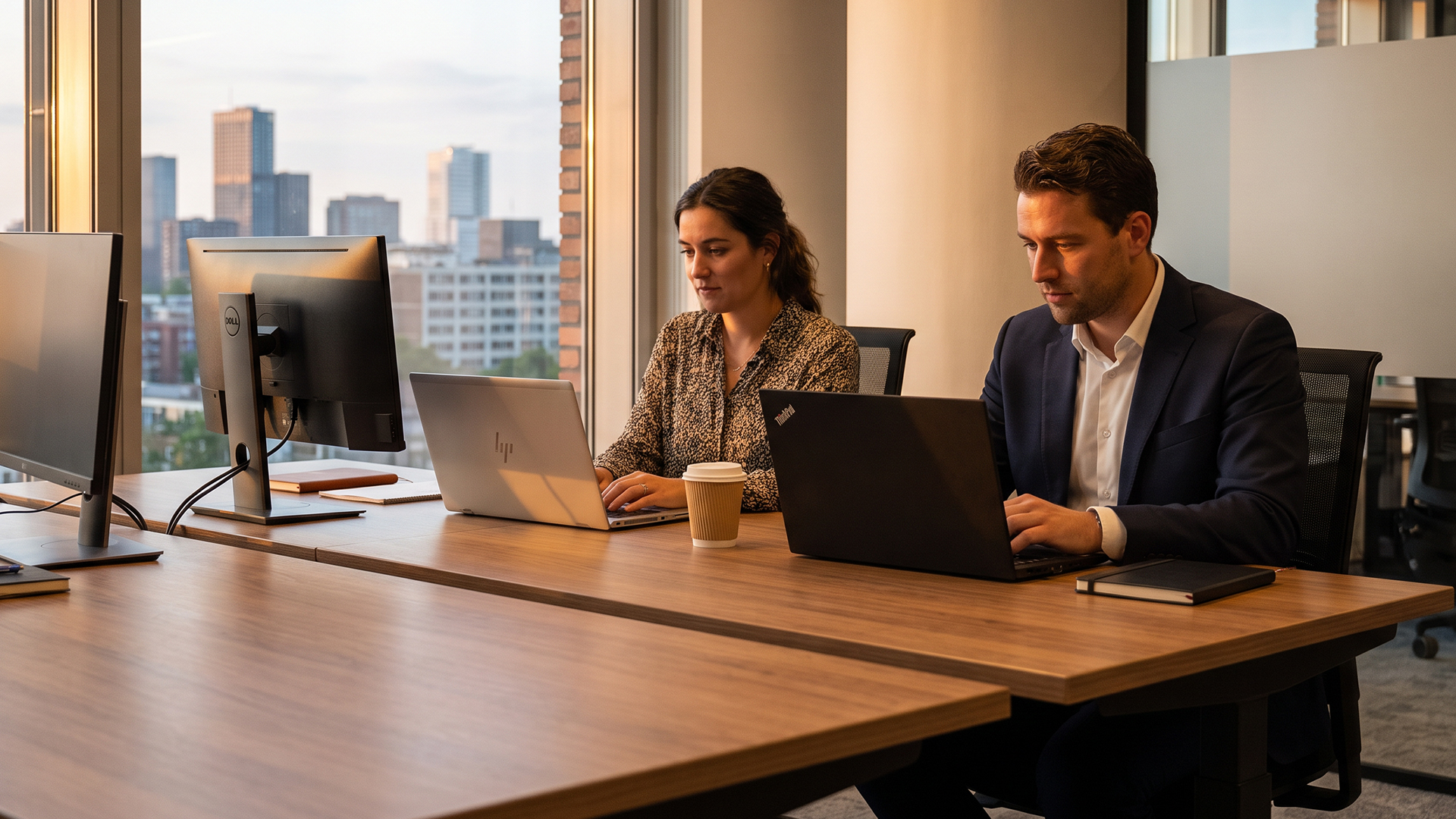 Man and woman working on HP EliteBook and Lenovo ThinkPad laptops at a desk.