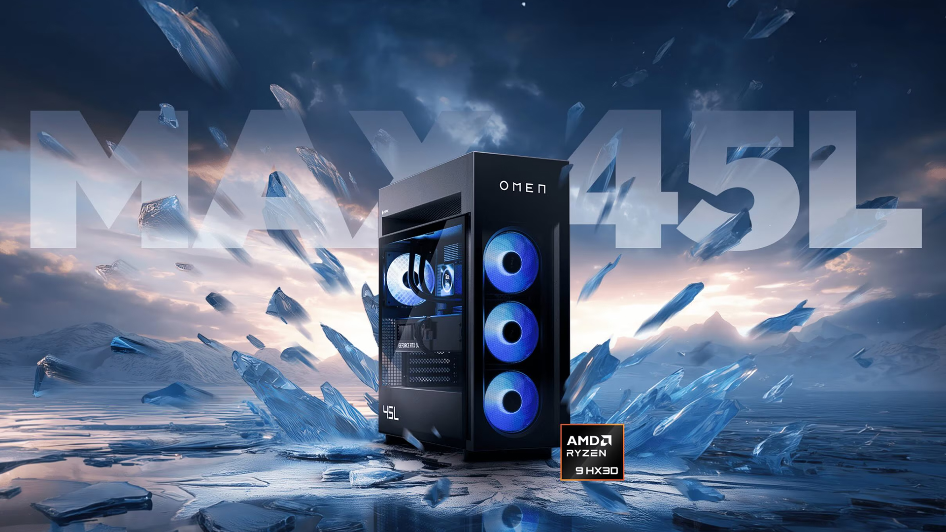 HP OMEN 45L gaming PC featuring an AMD Ryzen 9 HX3D processor.