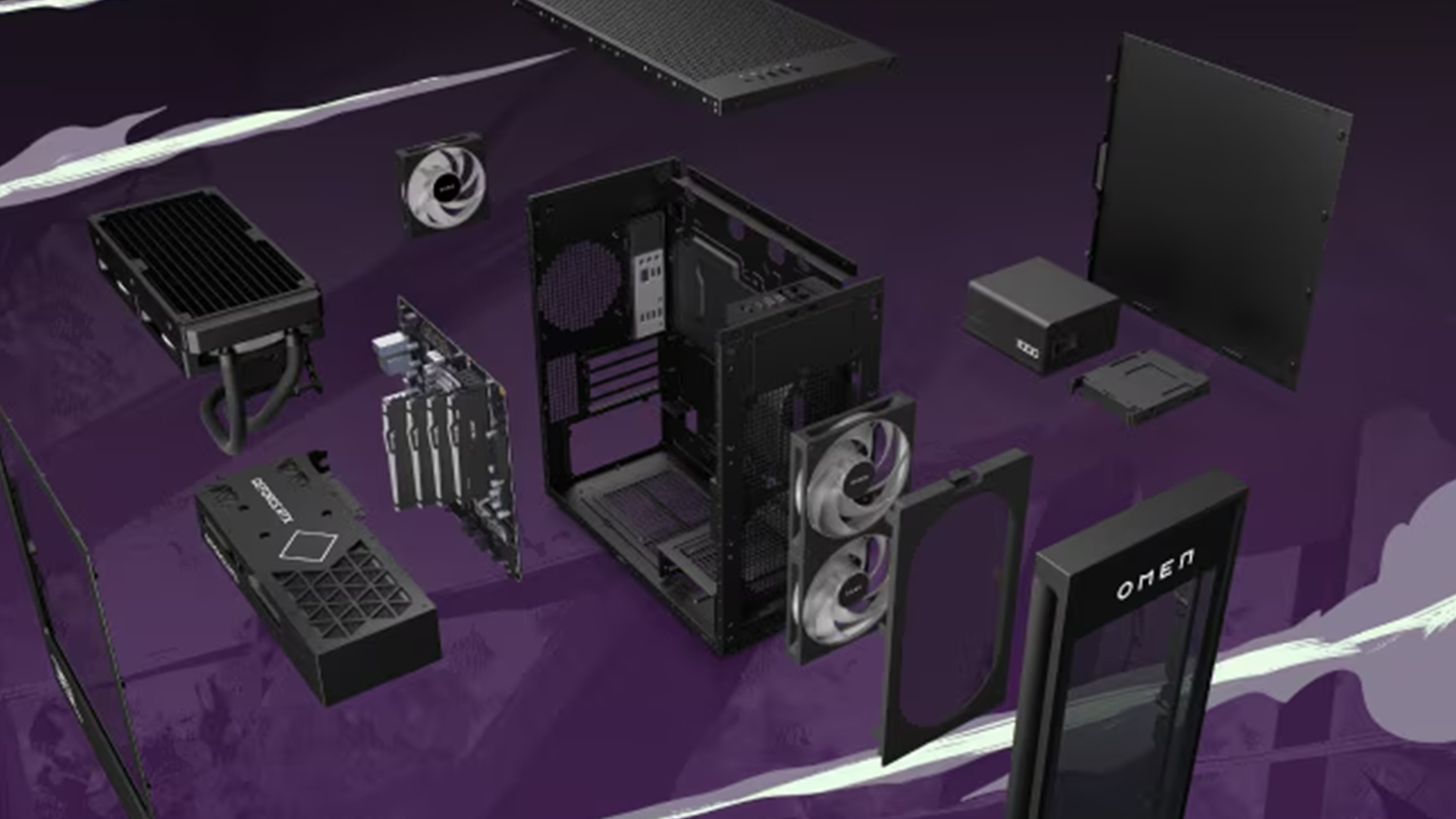 Exploded view showing internal components of an HP OMEN gaming desktop chassis.