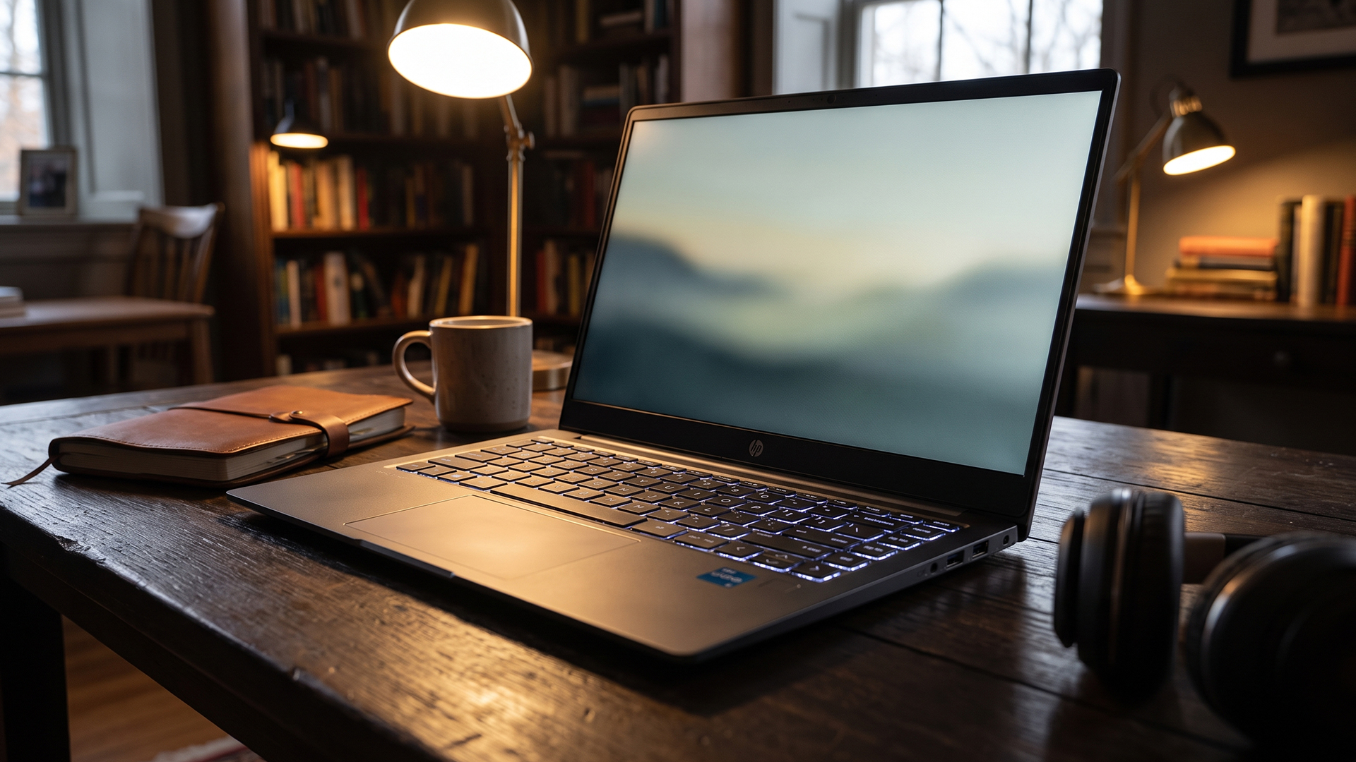 HP OmniBook laptop on a wooden home office desk next to a coffee mug.