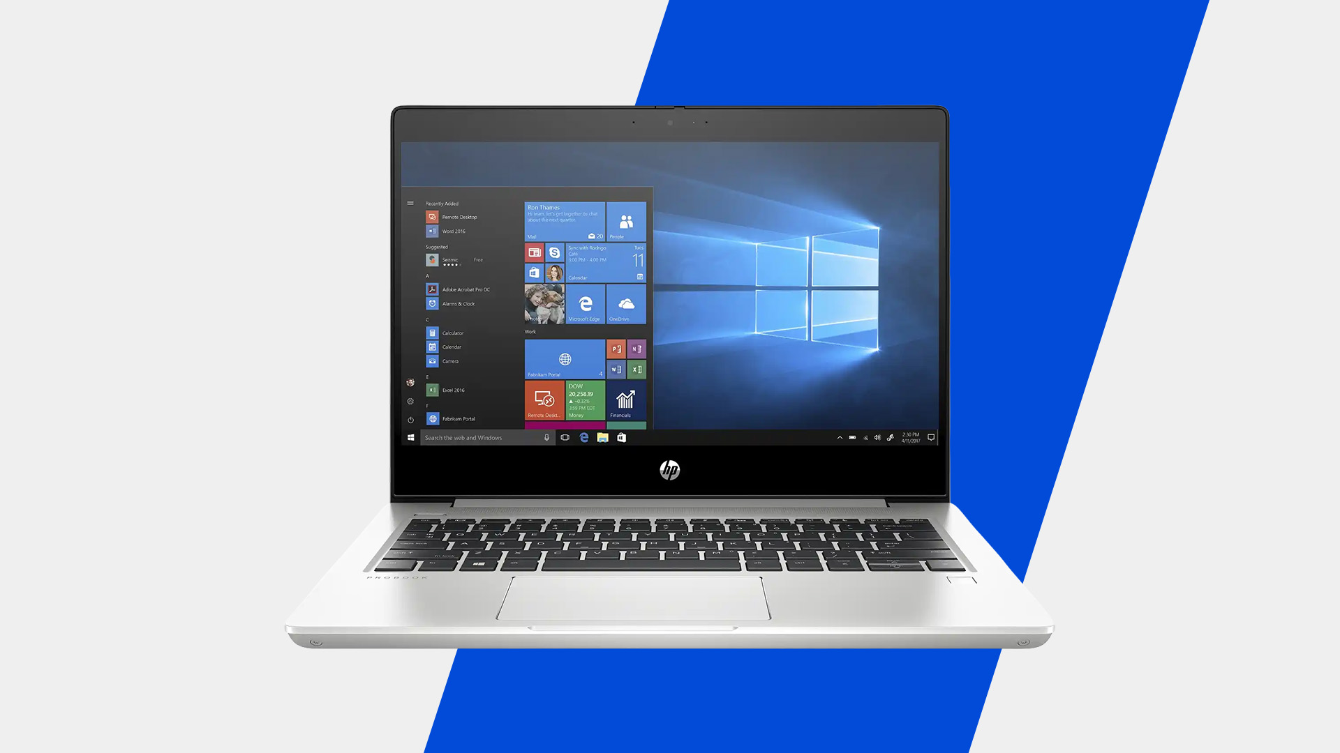 A front view of a silver HP ProBook laptop showing the Windows 10 Start menu.