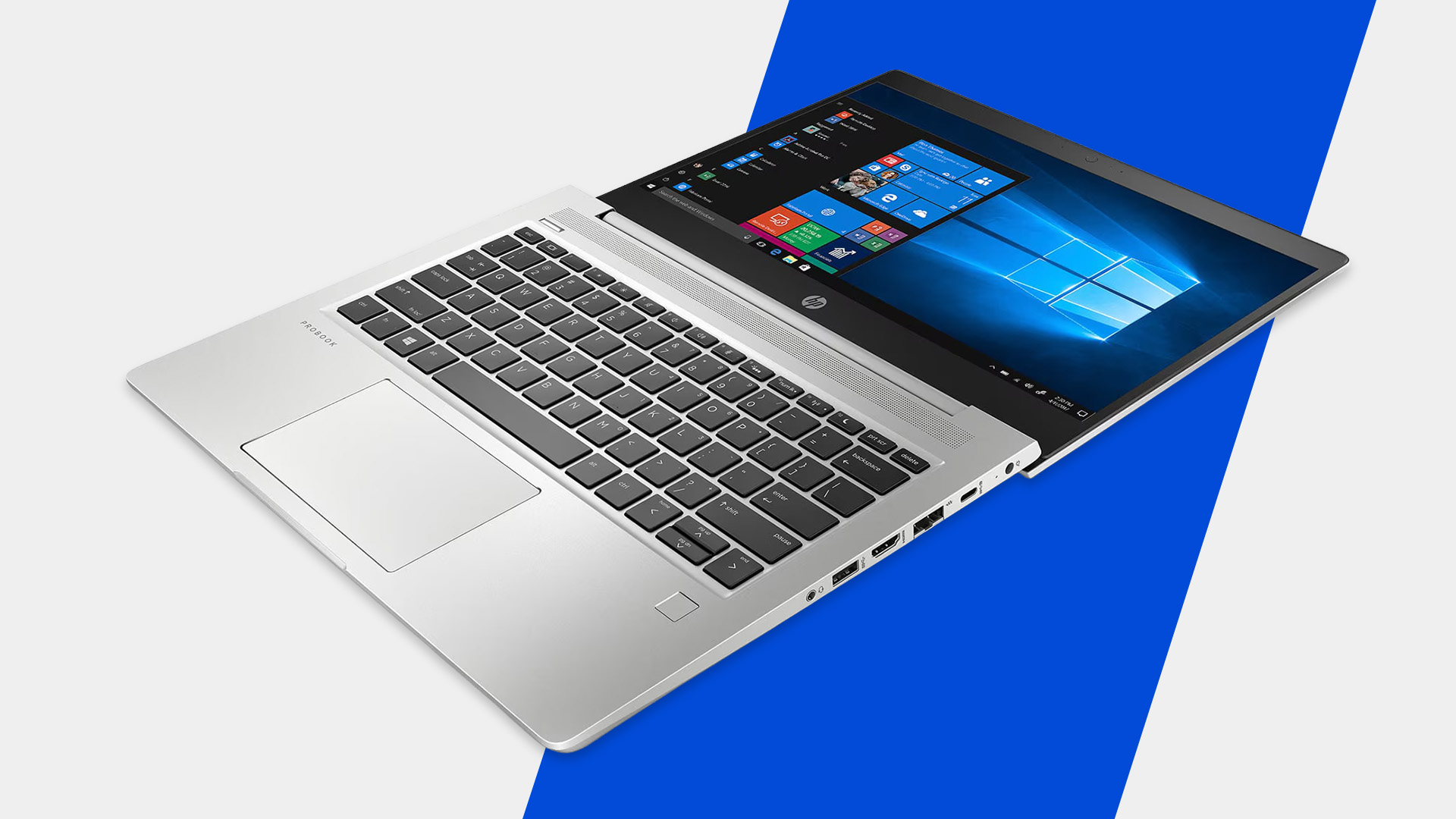 An angled view of the HP ProBook 430 G6 laptop displaying the Windows 10 desktop.