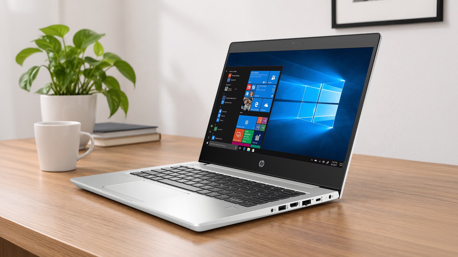 An HP ProBook laptop on a wooden desk next to a white coffee mug and plant.