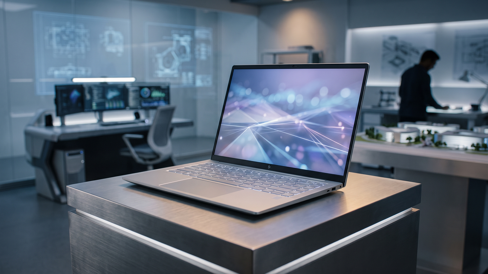 HP ZBook mobile workstation laptop displayed on a pedestal in a tech lab.