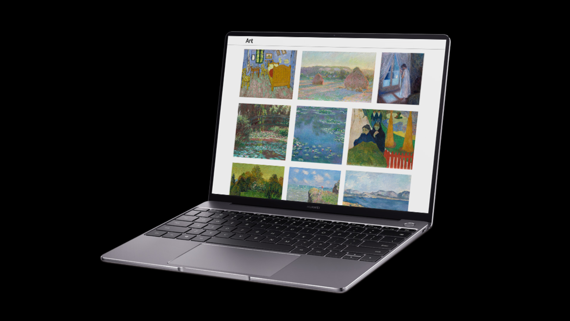 A sleek Huawei MateBook 13 laptop angled, displaying colorful classic art paintings on screen.