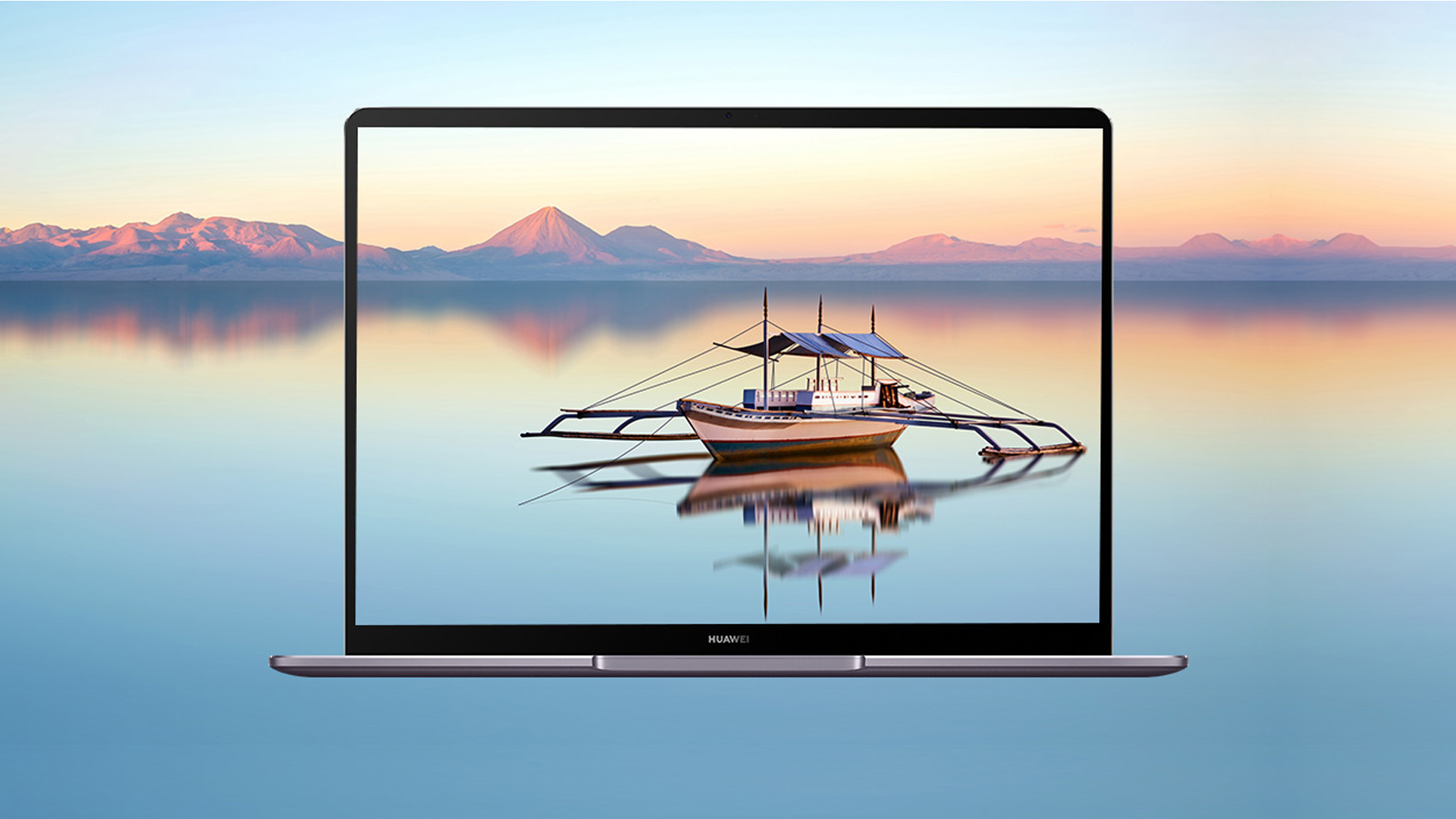 Front view of Huawei MateBook 13 screen displaying a boat on a calm lake.
