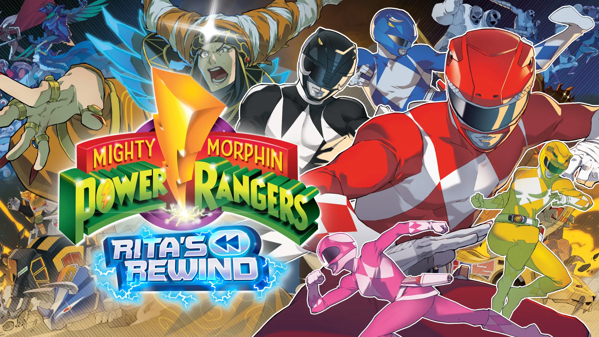Key art for the game Mighty Morphin Power Rangers: Rita’s Rewind featuring the Power Rangers team.